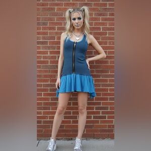 Y2K Deadstock Tough Luv Blue & Black Striped Dress with Ruffle Hem